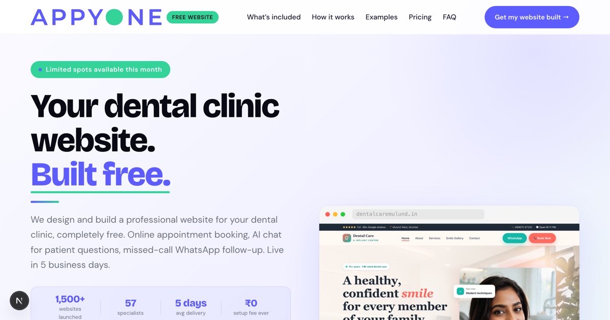 An Appyone demo build, a dental clinic site with online booking and AI chat
