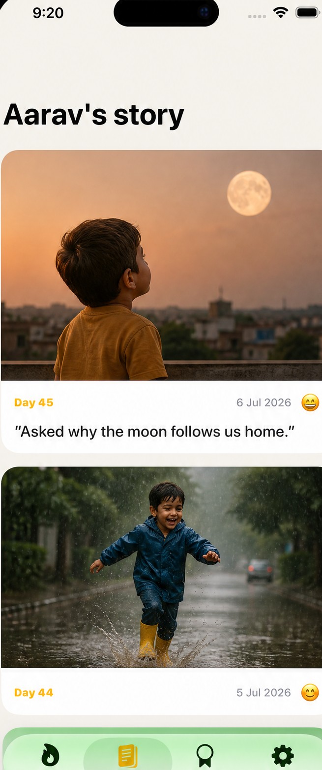 Everkid story timeline running on a real iOS build